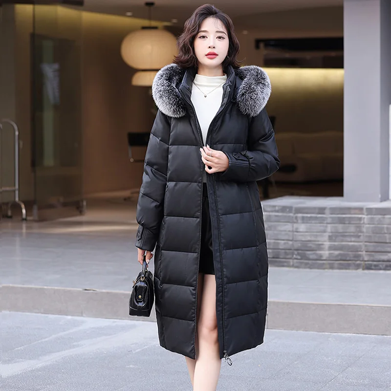 

New Women Winter Long Leather Down Coat Fashion Real Fox FurCollar Wide-waisted Loose Down Coat Casual Thick Warm Overcoat