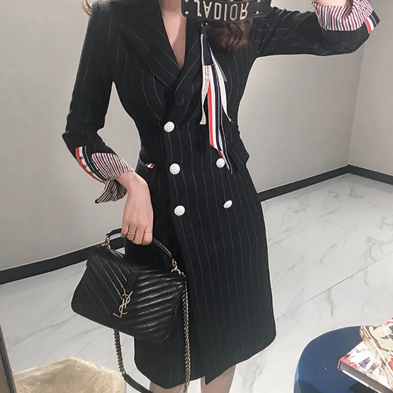 Elegant British Style Striped Suit Jacket Autumn Winter Long Slim Fit Dress Chic Atmosphere Korean Version Women's Fashion