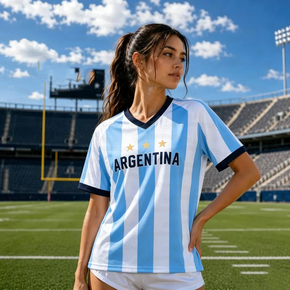 Summer Women's Men's Argentina Print V-Neck Short Sleeve T-Shirt Graphic Tee Jerseys Plus Size Sport T-Shirt Soccer Fans