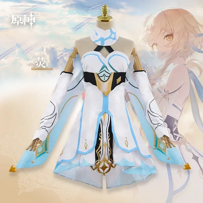 

Game Genshin Impact Traveler Lumine Cosplay Costume And Wig Uniform Dress Socks Belt Suit Halloween Women Costumes Full Set