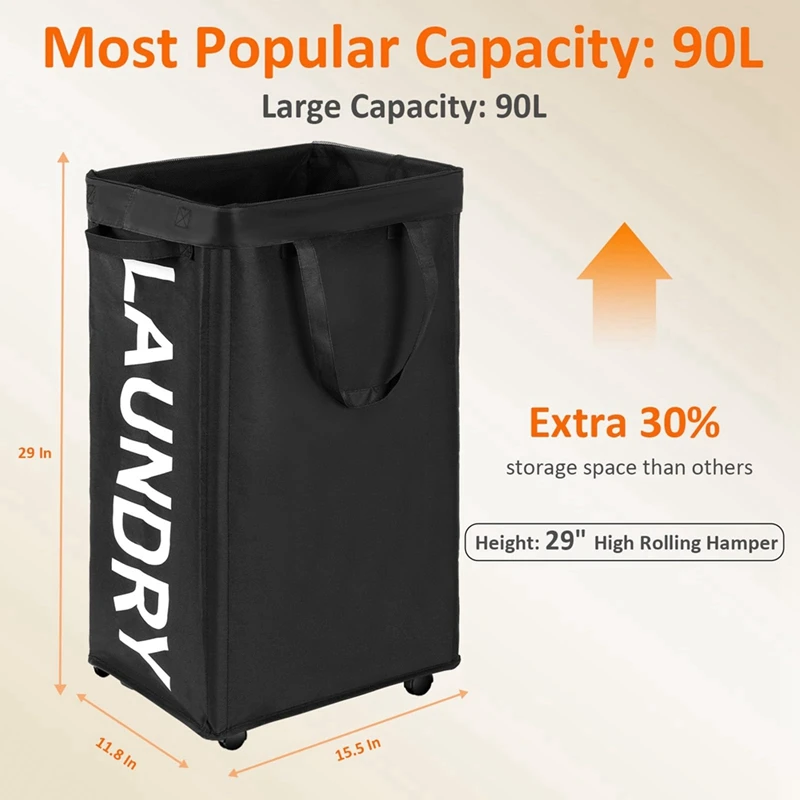 

90L Rolling Laundry Basket with Wheels, 29 in Hamper with Wheels and Removable Mesh Bag, Black Laundry Baskets on Wheels Retail