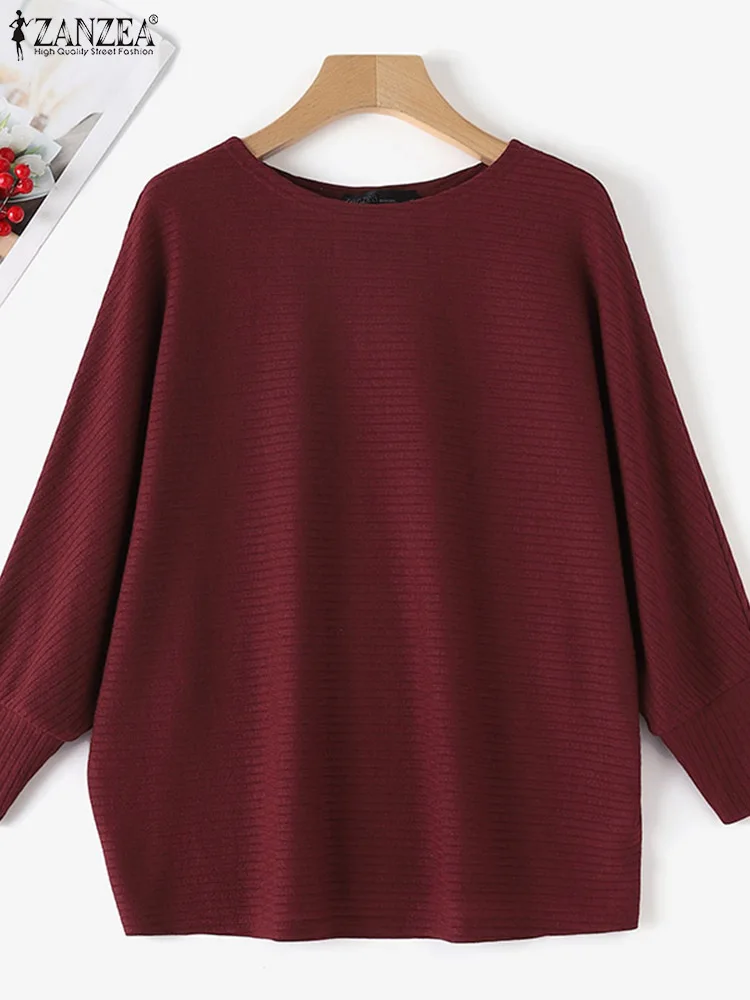 2025 Women Autumn Blouses Pullover ZANZEA Fashion Solid Knitted Shirt O Neck Long Sleeve Tops Casual Ribbed Blouse Muslim Blusas