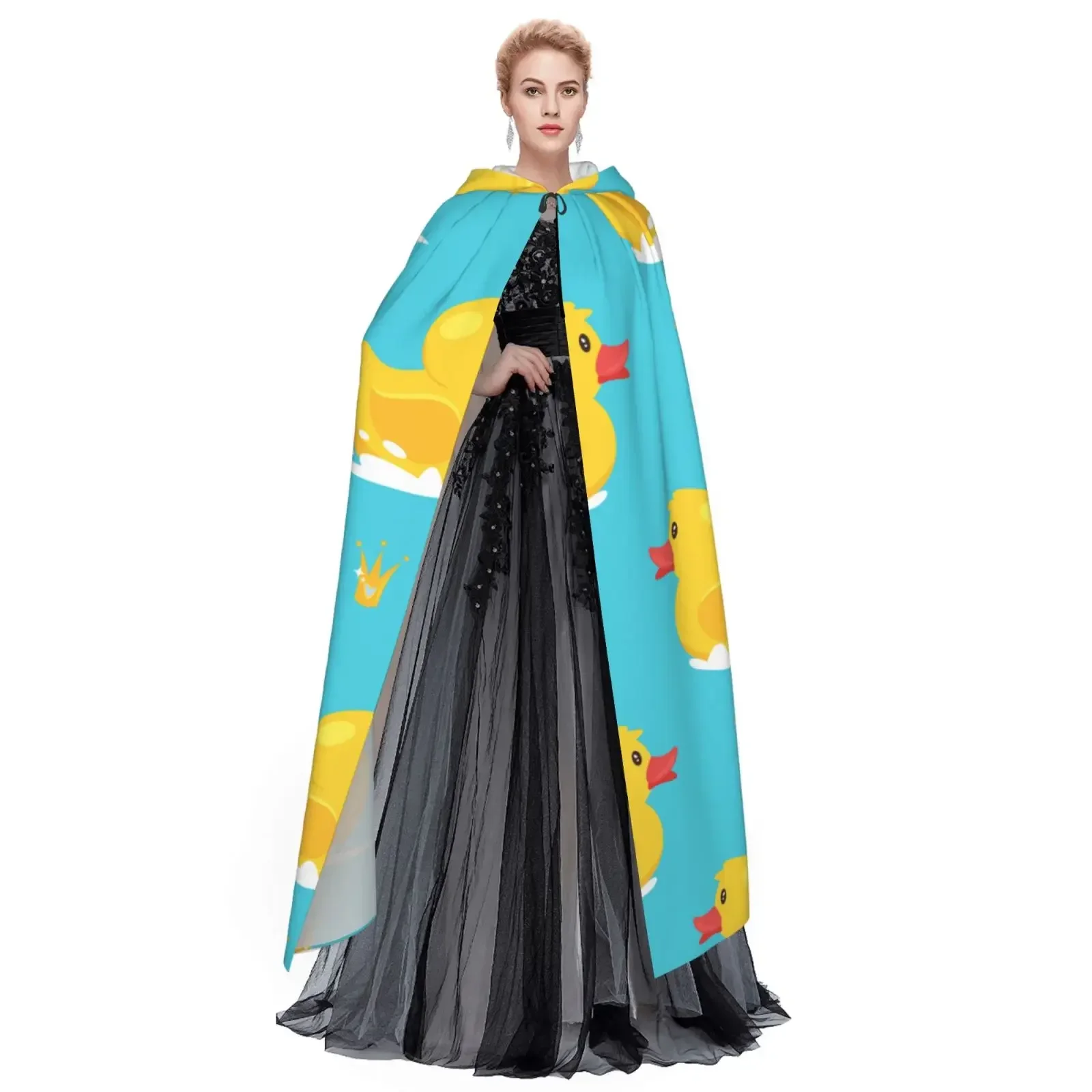 Costume cosplay unisex con cappuccio, cartone animato, anatra di gomma gialla e corona dorata, mantello da strega da vampiro