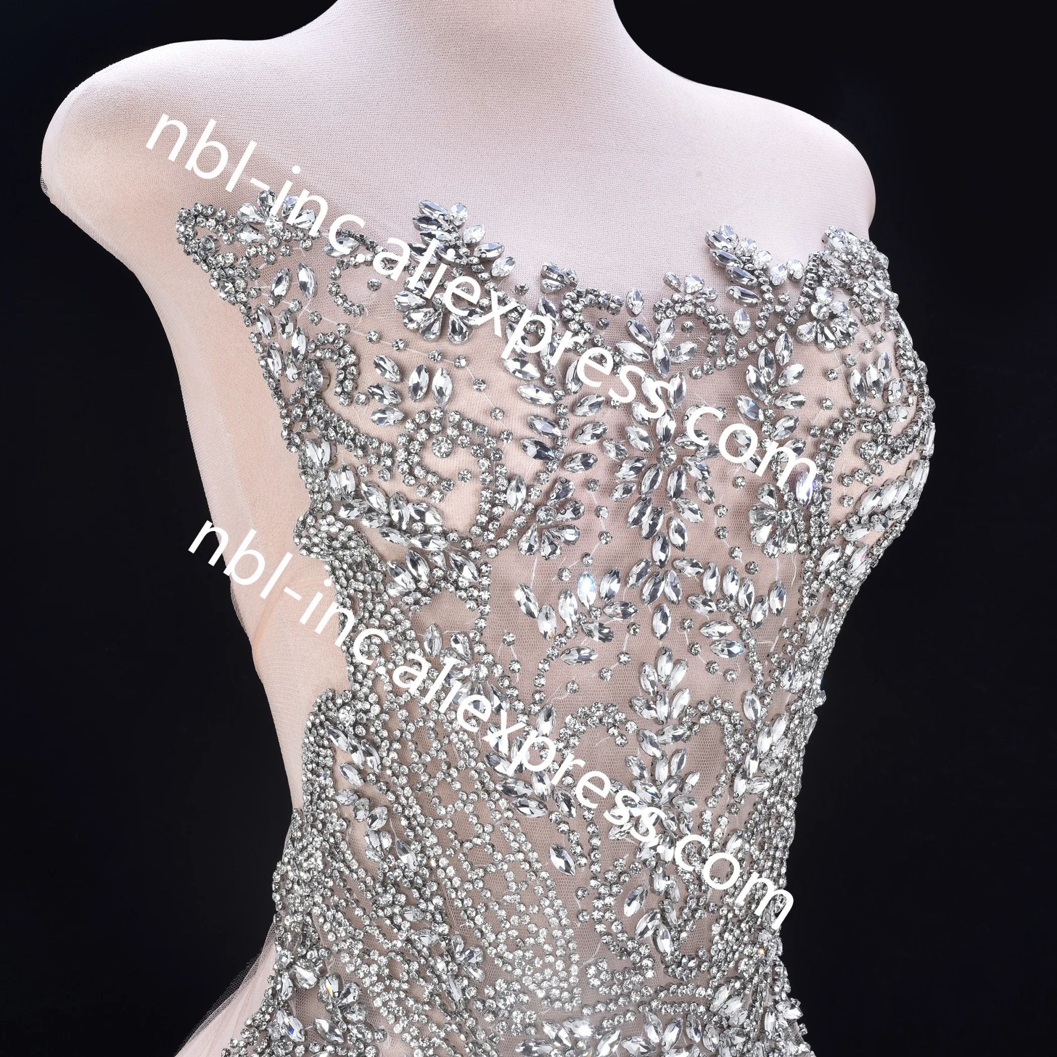 (1PC) Luxury silver hand sewn rhinestone bodice applique patch for wedding party prom dress WDD1403