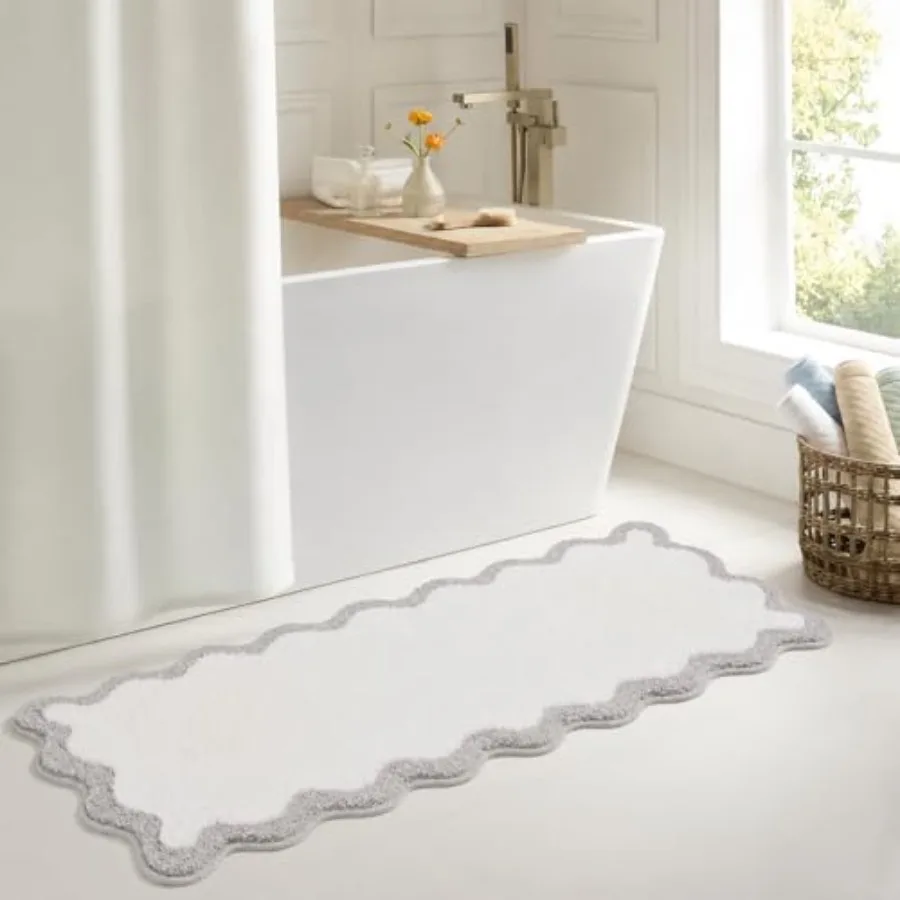 

Luxury Cute Bathroom Runner Rugs, White Bath Mat W/ Scalloped Edge, Microfiber Aesthetic Trendy Funky Fun Preppy Rug, Extra Sof