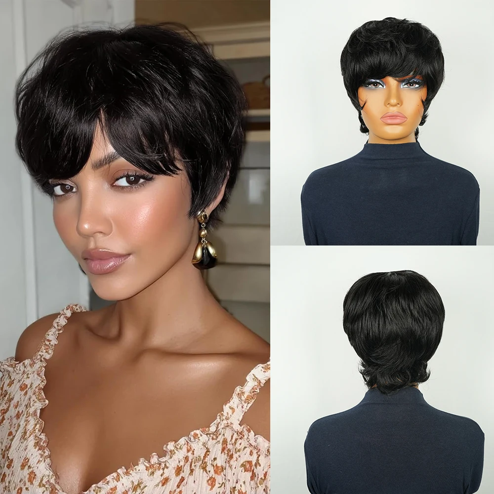 Kurze Pixie-Schnitt-Perücke, gerade Echthaar-Perücken mit vorgezupftem Pony für Frauen, brasilianisches Haar, maschinell hergestellte 100 % Echthaar-Perücke