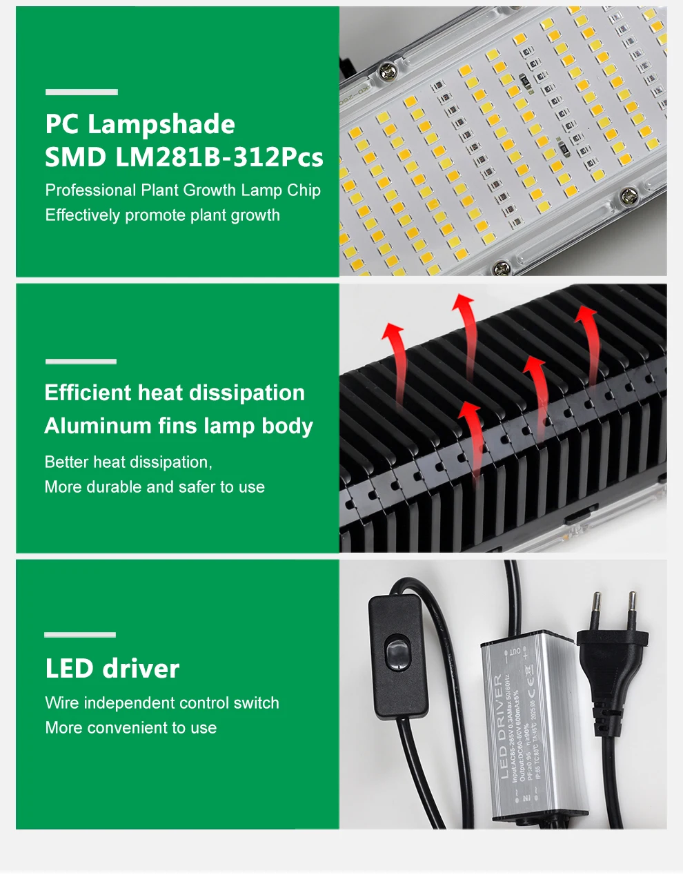 50W LM281B Vollspektrum-Quantum-Board LED-Pflanzenlampe AC110/220V mit Treiberschalter für Gewächshaus-Hydrokulturpflanzen – Detail 8