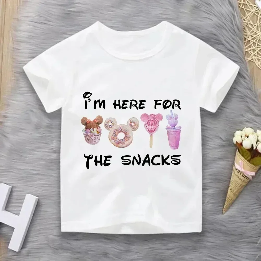 I'm HERE FOR The SNACKS Mickey Ice Cream Cake Biscuit Print Disney Kids T Shirt Cartoon Summer Top Graphic Tee Children T-Shirt