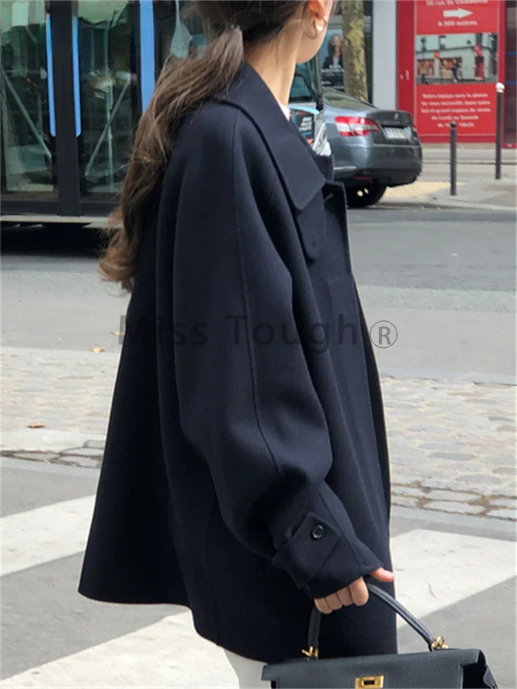 Frence Solid Elegant Vintage Wool Coat Women Patchwork Button Warm Overcoat Female Long Sleeve Pocket Casual Overcoat 2023 New