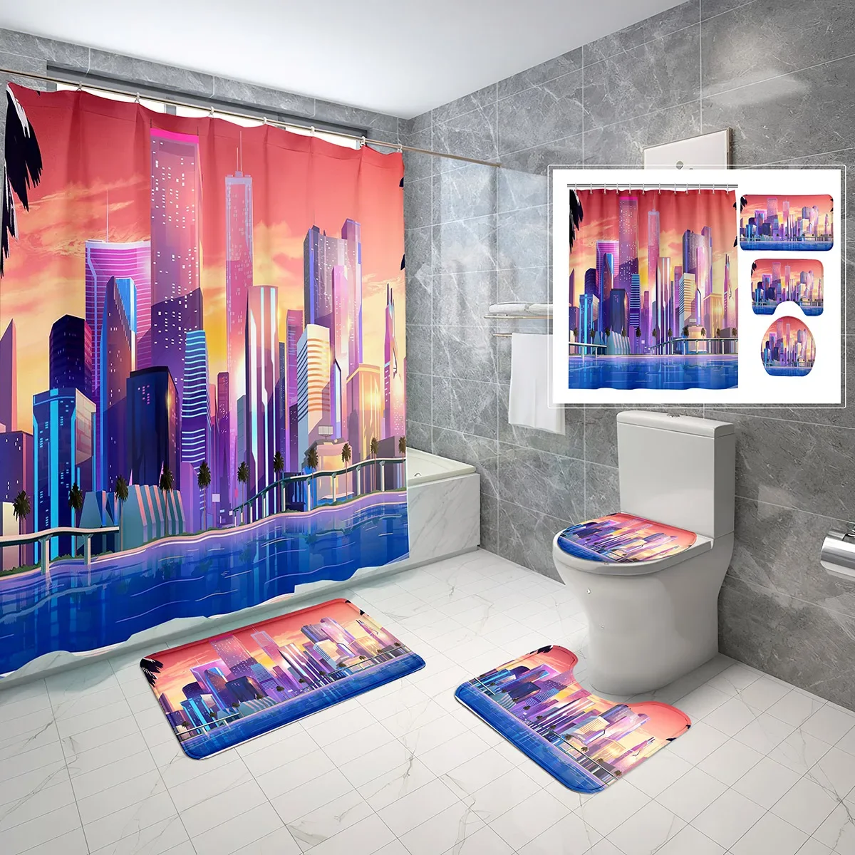 

4 Sets Neon Wave Shower Curtain Sets with Non-Slip Bath Mat,Toilet Lid Cover and Modern Neon Lights Buildings Shower Curtain Set