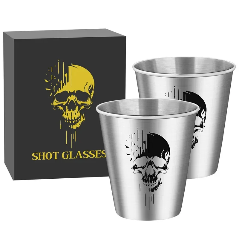 2pcs/set 70ml/2.39oz Aluminum Shot Glasses Gothic Skull Head Pattern Outdoor Hunting Liquor Cups Bar Accessory Wedding Gift Set