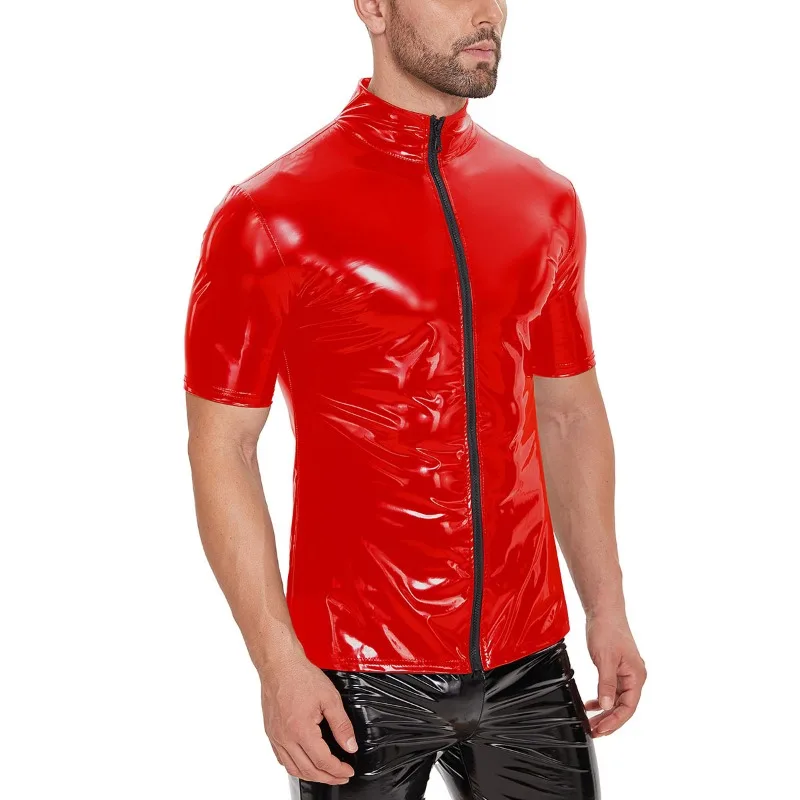 Mens PVC Leather T-shirt Coat Wet Look Clubwear Shiny Leather Zipper Shirts Club Costume Male Streetwear Summer Jacket Tops