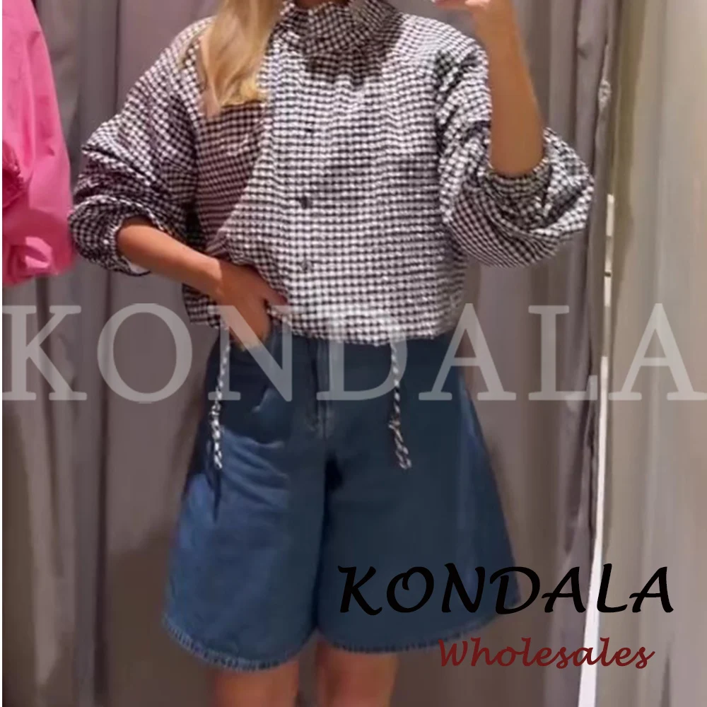 KONDALA Vintage Plaid Autumn Fashion 2026Streetwear Women Shirt Loose Stand-up Collar Jacket Chic Single Breasted Female Outwear