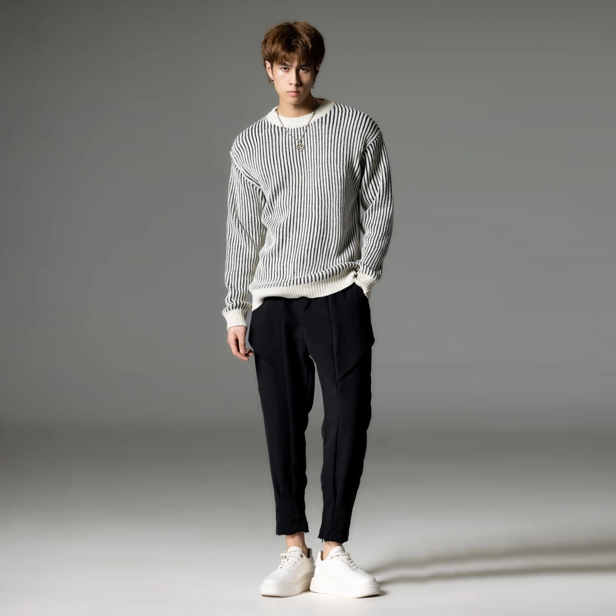 PINLI 남성 니트 스웨터 패셔너블한 스트라이프 컬러 블록 크루넥 겨울 신상품 울 혼방 캐주얼 라운드넥 스웨터