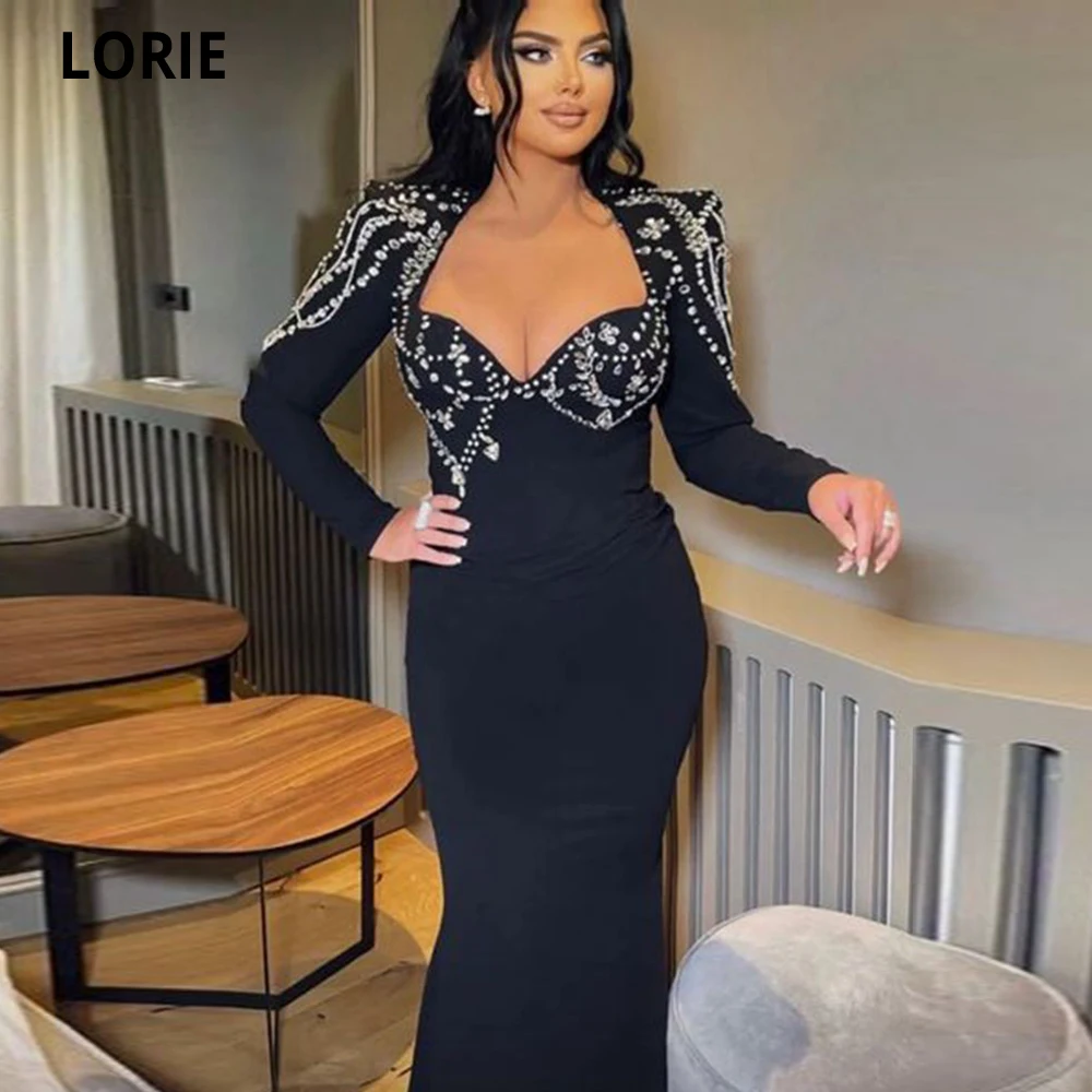 LORIE Black Sweetheart Mermaid Prom Dresses 2023 Luxury Crystals Valentine's Day Dress Long Sleeves Saudi Arabia Robe De Soirée