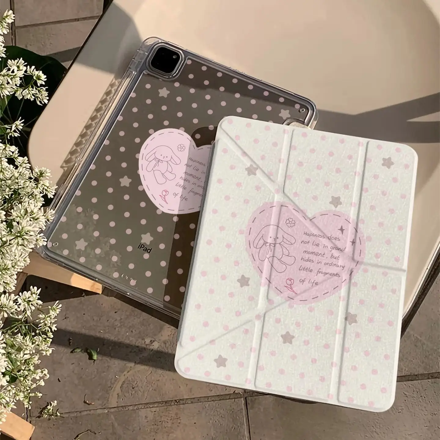 Pink Polka Dot Star Bunny Y2K Y-Fold Tablet Case For iPad Pro 11 12.9 13 A16 M2 M4 M3 M5 5/6/7/8/9/10/11th Mini Air 3 4 5 Cover
