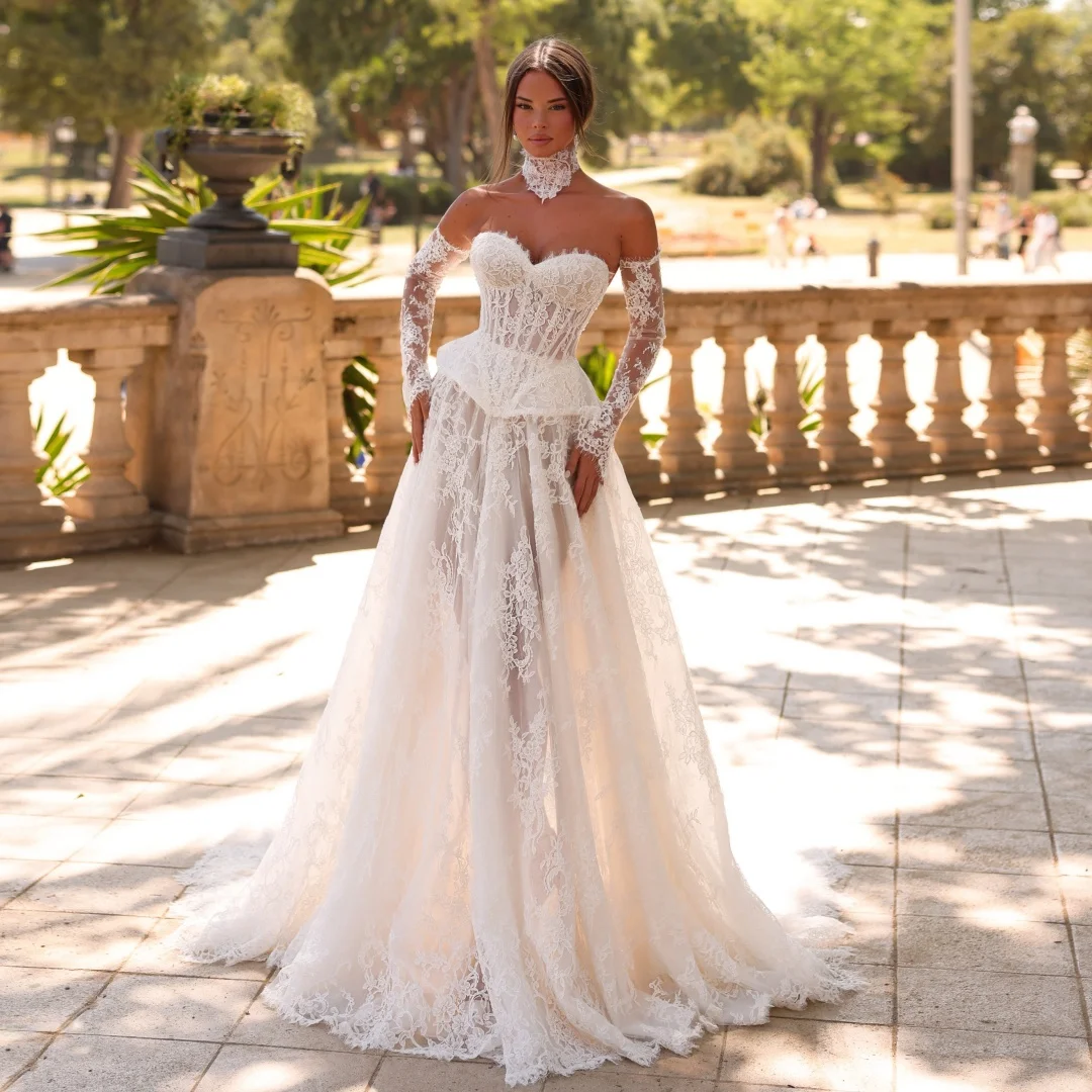 A Line Lace Wedding Dresses Sweetheart Bustier Corset Bridal Gown Removable Sleeves Boho robe de mariée Customized