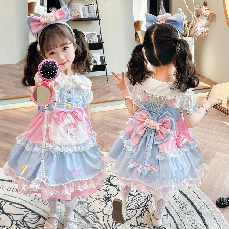 Kawaii My Melody Girls New Summer Lolita Princess Dress Anime Sanrio Girly Heart Cute Children's Shirt Suspender Skirt Suit