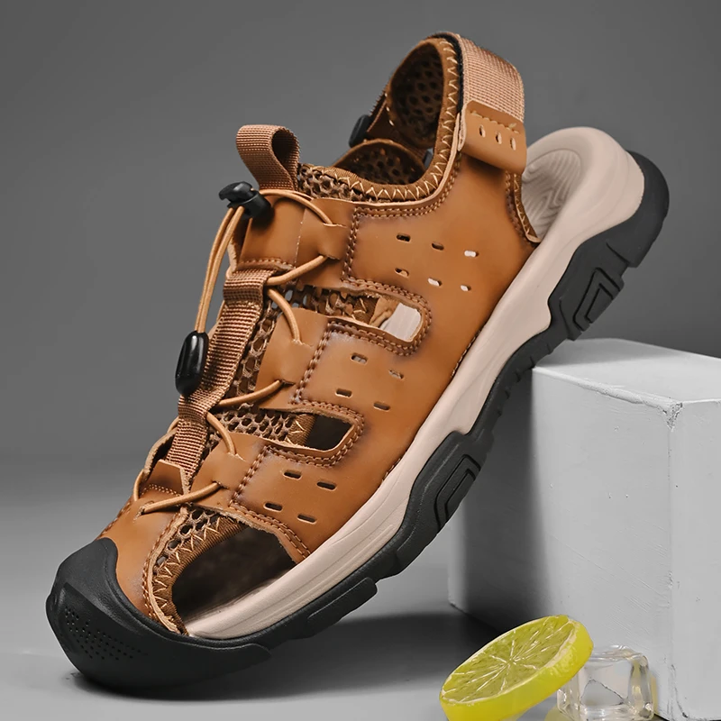 

Men's genuine leather beach sandals 2026 summer new breathable mesh cloth toe cap anti-collision casual shoes outdoor anti slip