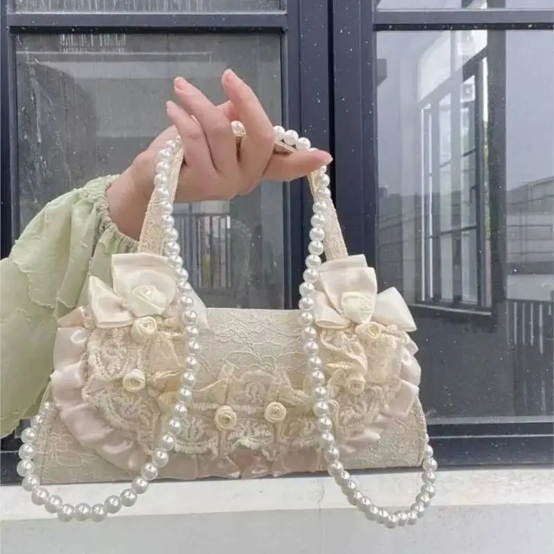 Bloom Fairycore Aesthetic Handbag Women Retro Haruku Lolita Pearl Sweet Shoulder Bags Female Vintage Handle Handbags Ladies