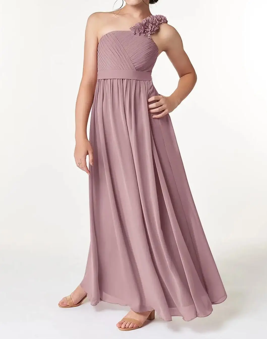 فساتين فتاة الزهور الشيفون لحفلات الزفاف الكشكشة رداء حفلات للفتيات المراهقات فستان وصيفة العروس الصغيرة بكتف واحد