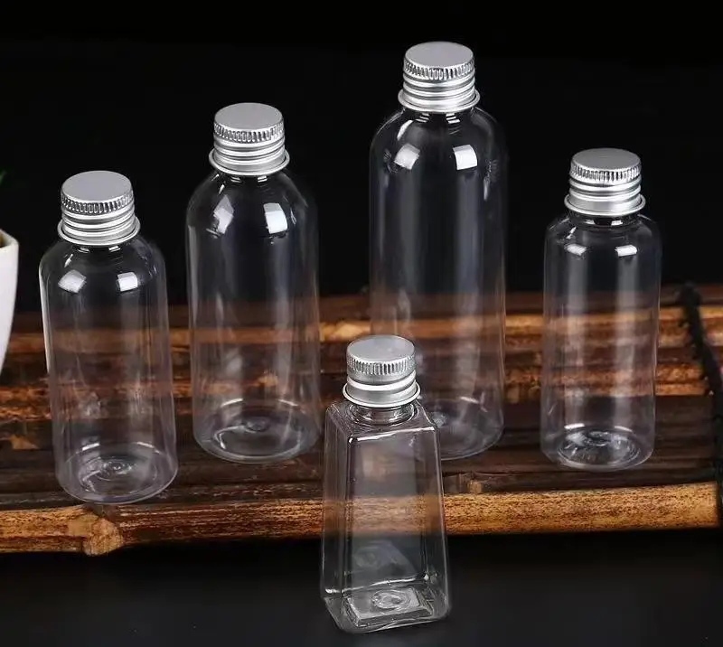 50 Stück Plastikflaschen mit Aluminiumkappe, 100 ml, 50 ml, 30 ml, Probenfläschchen, transparent, tragbar, Reise-Kosmetikbehälter für Lotion