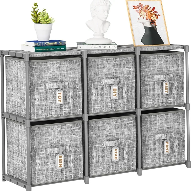 

Cube Storage Organizer Shelf with 6 Printed Bins + Labels, Cubby Storage Organizer with Bins, Large Capacity Shelves