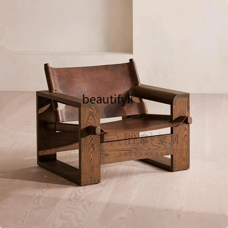 

Asmt56 Wabi Sand Wind Retro Solid Wood Saddle Leather Single Sofa Chair Living Room Leisure Back Chair Hotel Designer Single Cha
