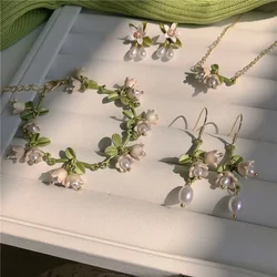 New Design Lily of The Valley Pearl Green Earrings Necklace Bracelet Set for Women Elegant Drop Earrings Wedding Party Jewelry