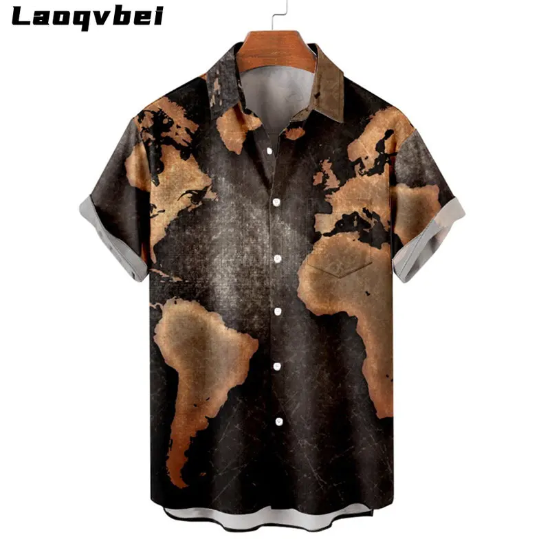 

2023 Map Pattern Printed Loose Short Sleeve Pocket Shirt Men's Oversized Hawaiian Shirt, Summer Beach Shirt Camisa Masculina