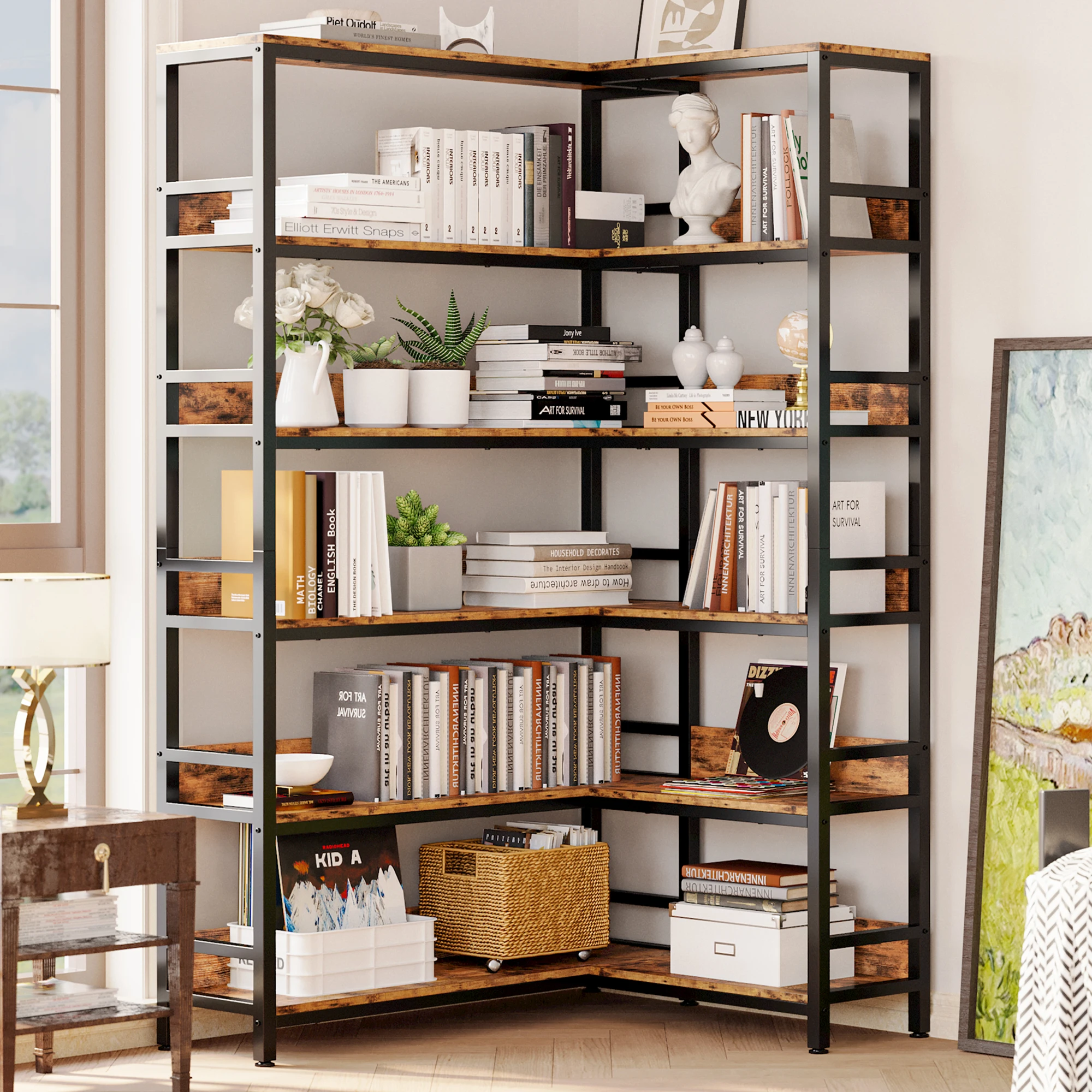

IRONCK Industrial Bookshelves 6 Tiers Corner Bookcases with Baffles Etagere Shelf Storage Rack with Metal Frame for Living Room