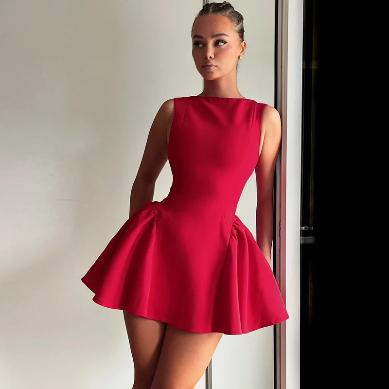 

2025 Spring New Women's Clothing Fashion Solid Color Sleeveless Short Dress Sexy Slim Backless Dress Women