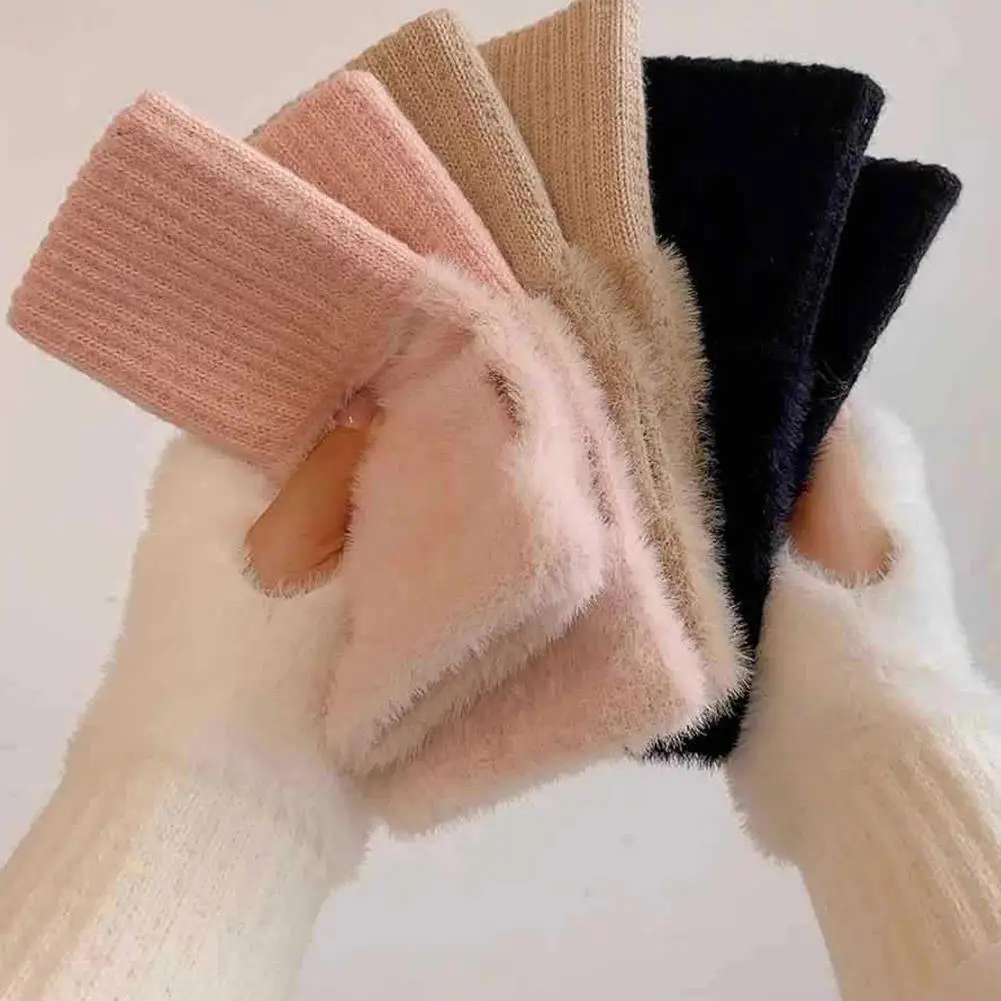 Half-finger Plush Winter Gloves Touch Screen Cold-proof  Warm Fingerless Knitted Wrist Guard Student Office Writing Work Outdoor