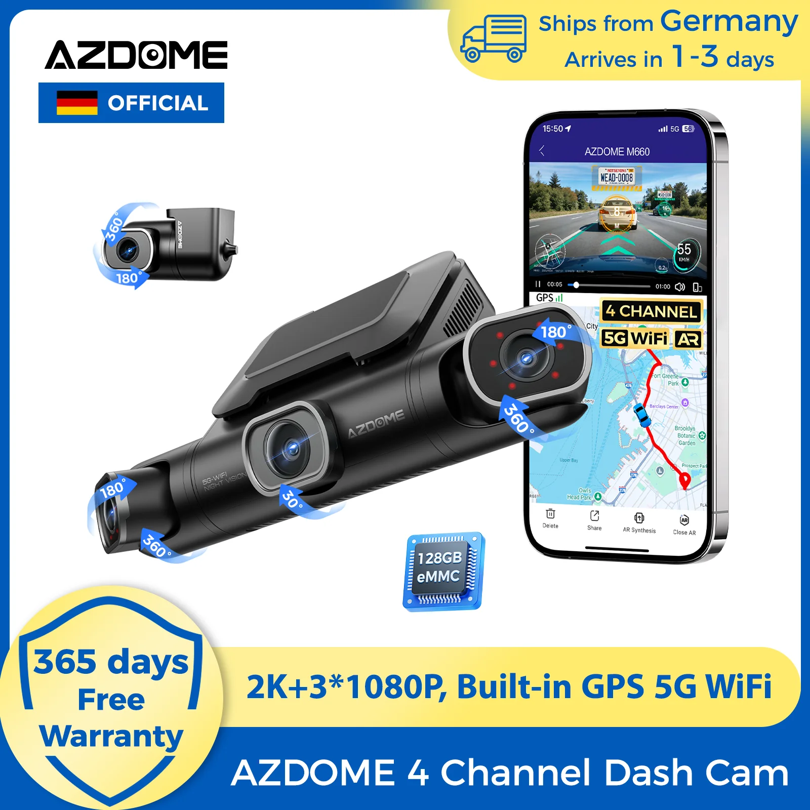 Image of 【DE Lagerhäuser】AZDOME Dashcam M660 2K+3*1080P Eingebautes GPS 5G WLAN Auto-DVR Sprachsteuerung IR-Nachtsicht 24H Parküberwachung 128GB eMMC
