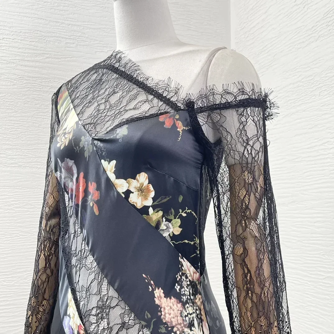 Vrouwelijke nieuwe zijden lange mouwen kant patchwork dames vintage schuine schouders elegante zwarte bloemenprint zeemeermin maxi-jurken