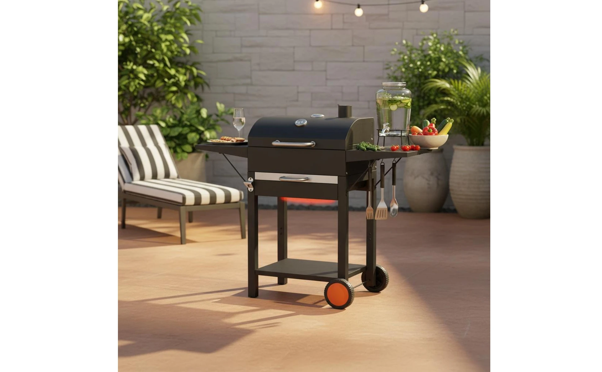 Wheeled Charcoal Barbecue Grill Domed Lid Trolley-Design Charcoal Grill Outdoor Cooking Upper Air Vent Chimney Temperature