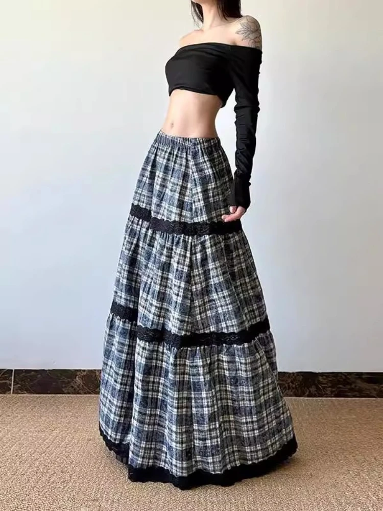 

Fashion Vintage Skirts Plaid Lace Patchwork High Waist Casual Loose Long Skirt Spring Autumn All Match Design Women's Clothing