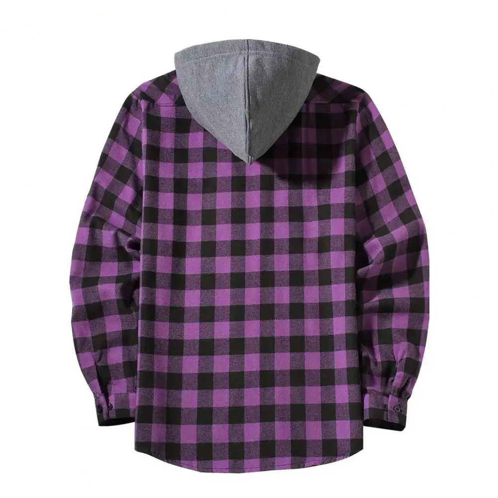 Plaid Button-up Shirt Drawstring Hooded Shirt Men's Plaid Print Hooded Shirt Coat for Daily Wear School Long Sleeves Drawstring