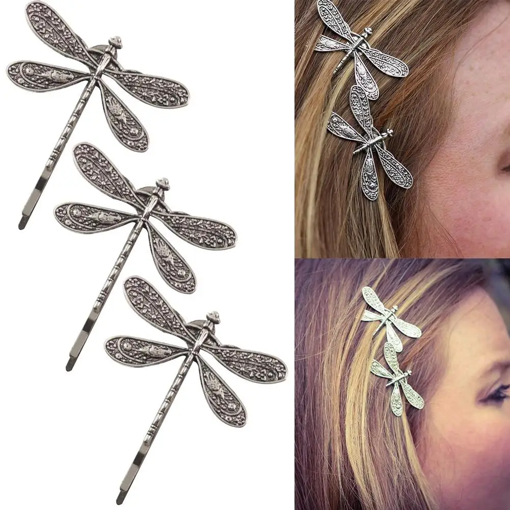 3Pcs Silver Dragonfly Hair Clip Bobby Pins Hairpins Barrette Retro Antique Silver Headwear Hair Accessories for Girls Women