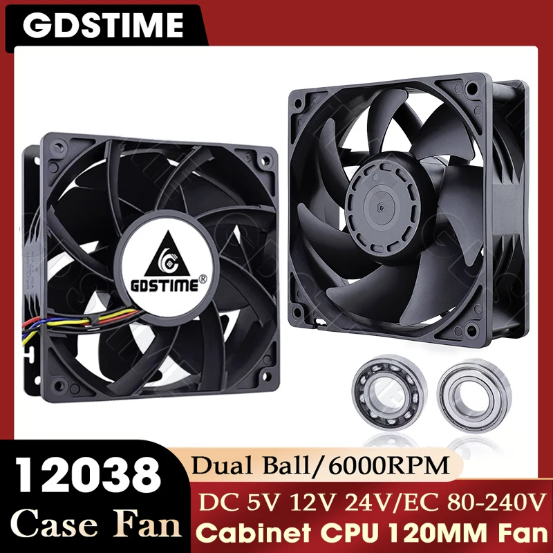 GDSTIME 12038 Fan 24V 12V 5V CPU Cooler 120mm*38mm Brushless Cooling Fan 120mm fan for PC Cabinet & Btc Machine Chassis Cooling