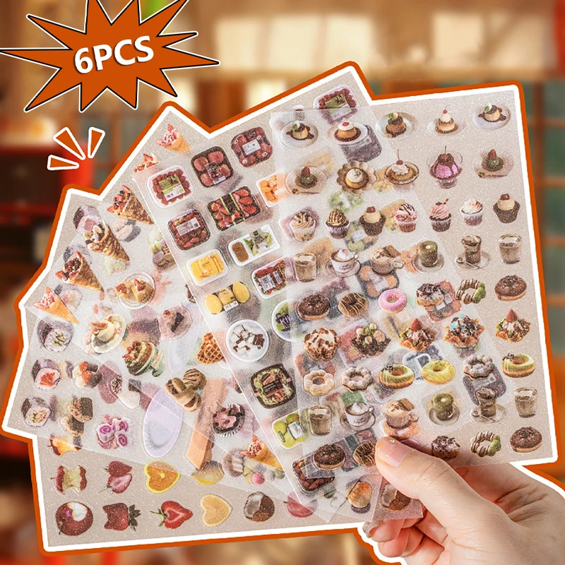 6PCS Cute Cake Snacks Theme Waterproof Stickers Ancient Style Creative Decorative Diary Scrapbook DIY Material Adhesive Decals