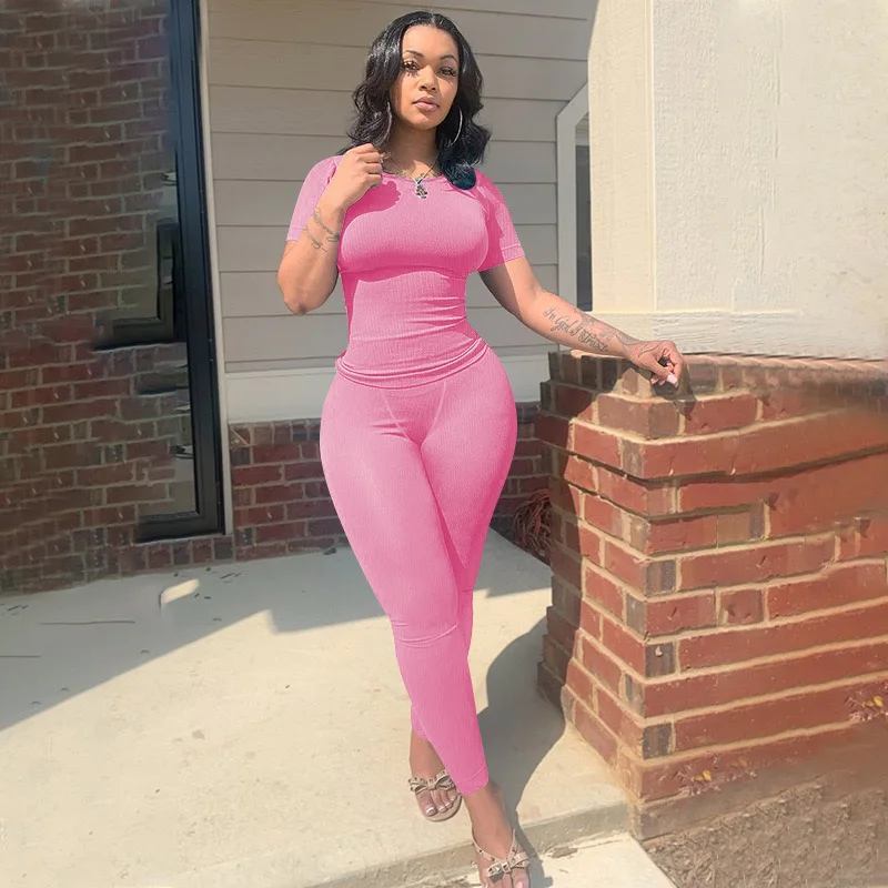 New Fashion Women's Thread Two-Piece Spring/Summer Short-Sleeved Crew-Neck Top And Slim-Fit Trouser Suit Ladies 2-Piece Set