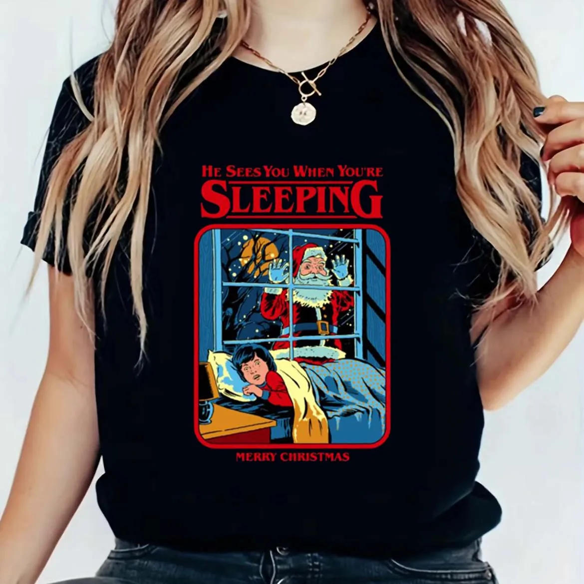 He Sees You When You're Sleeping T-Shirts for Women Vintage Supernatural Halloween T Shirts Short Sleeve Loose Trendy Cartoon G