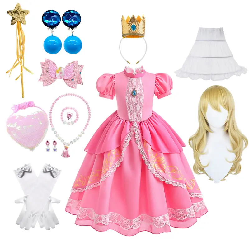 

Halloween Peach Costume For Baby Girl Lace Dress Christmas Kid Pink Wedding Party Frock+Wig 10 Set Child Tunic Clothes KD001