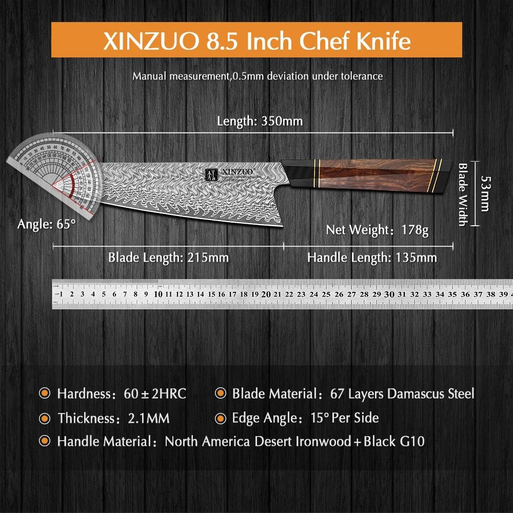 XINZUO 8.5\'\' Inch Chef Knife With Wooden Gift Box VG10 Damascus Steel Kitchen Chef Slicing Knife Cooking Knives with G10 Handle