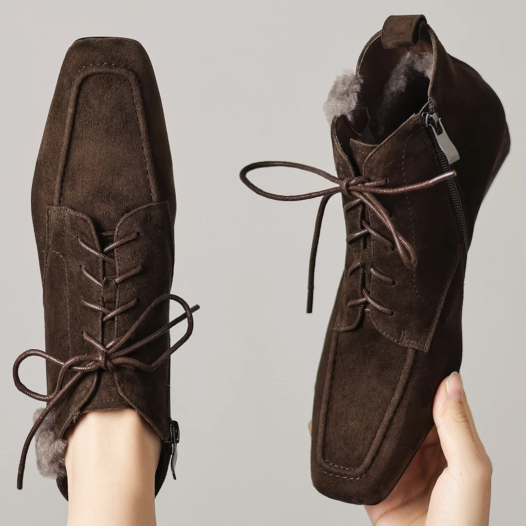 

Women's natural suede leather square toe lace-up side zip wool inside winter ankle snow boots 2.5cm kitten heel causal booties