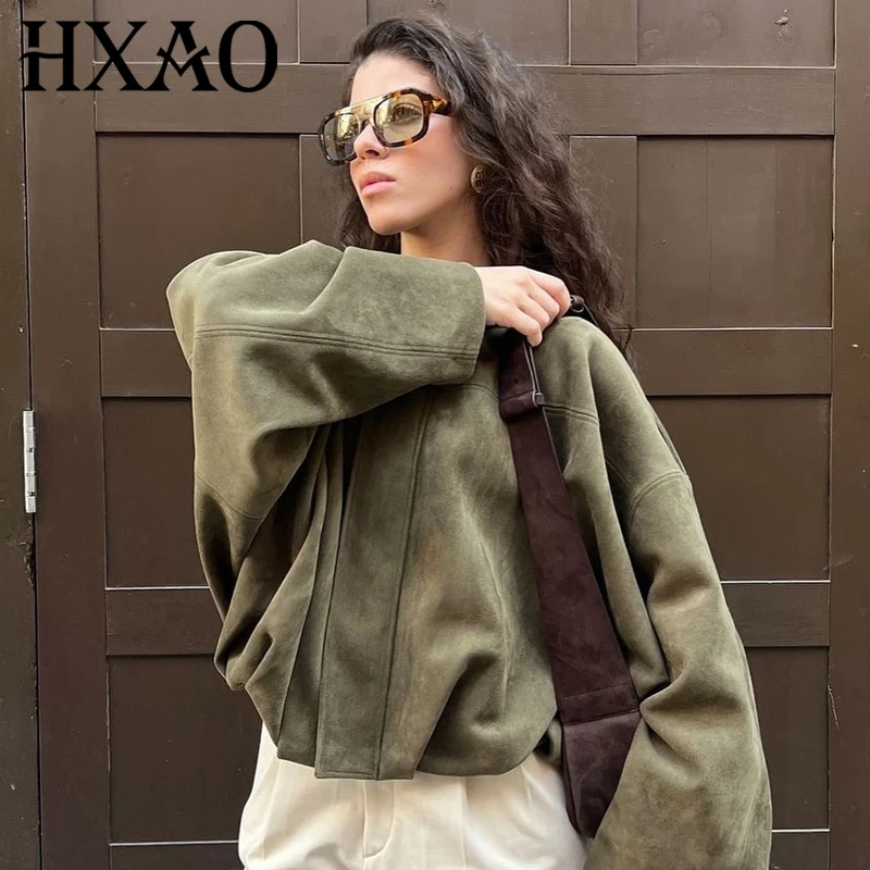 

HXAO 2025 Suede Bomber Jacket Woman Green Khaki Outerwears Women's Jacket Spring Crop Oversize Long Sleeve Coats Fashion Jacket