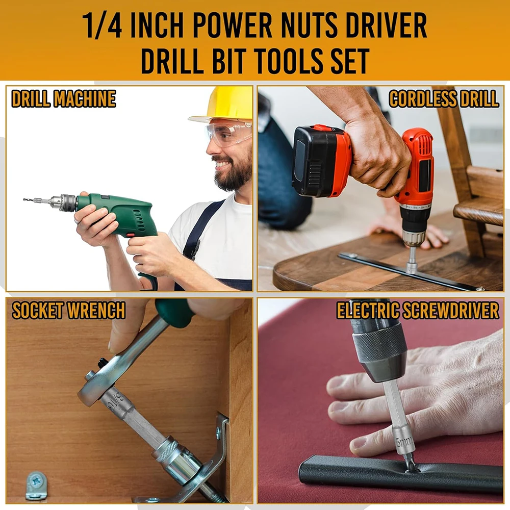 9Pcs Power Nuts Driver Drill Bit Tools Set 1/4\'\' Driver Hex Shank Keys Metric Socket Wrench Screw Impact Driver Bit Set for Po