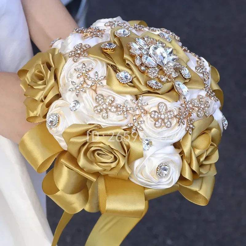 for Gold Rhinestone Bride Rose Bouquet Bridesmaids Chapel Wedding Artificial Flower Bouquet Manufacturer Direct Supply