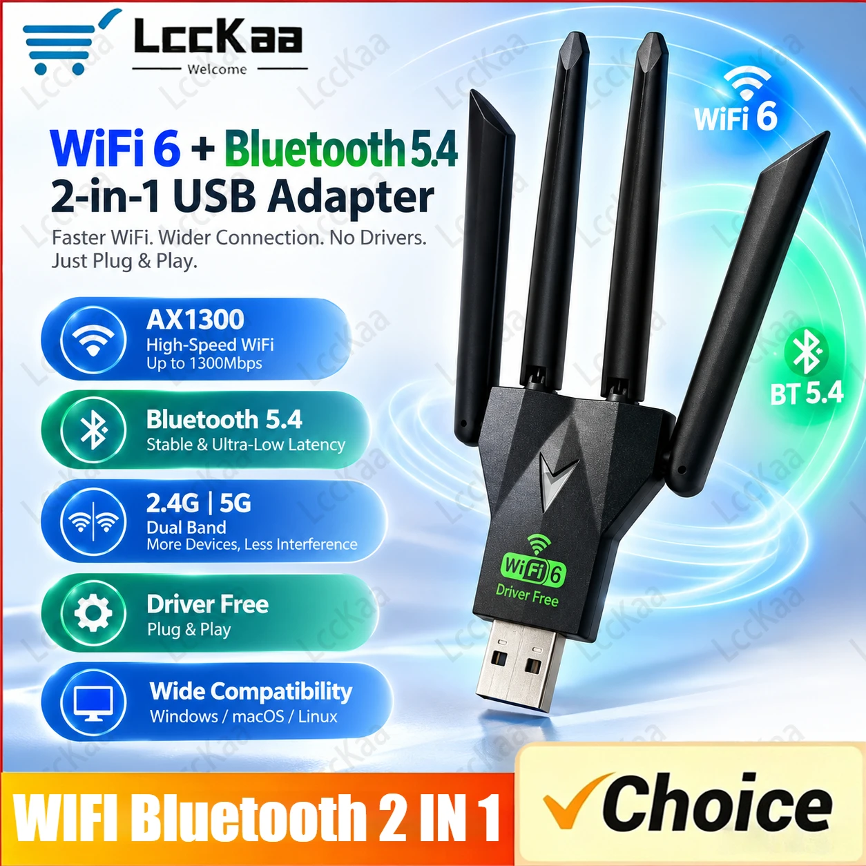 LccKaa AX1300 WiFi6 USB Adapter Bluetooth5.4 Dual Band 2.4G 5G 1300Mbps Wireless Network Card Driver Free for PC Laptop Desktop